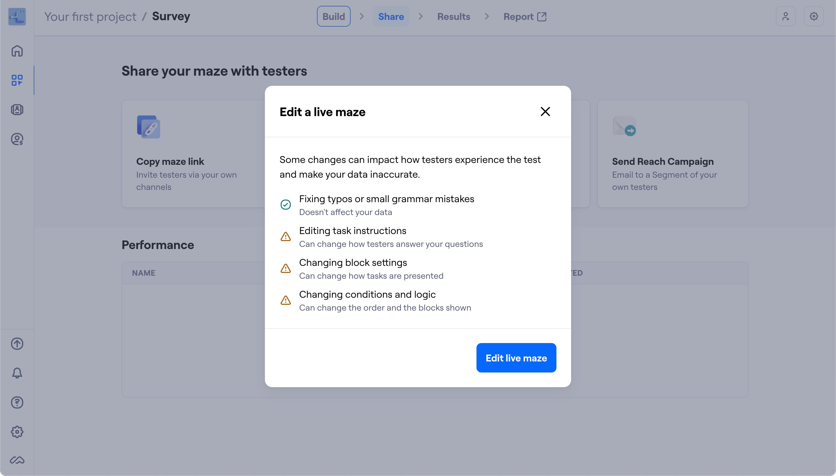 Confirmation modal that appears when opening the Build tab of a live maze