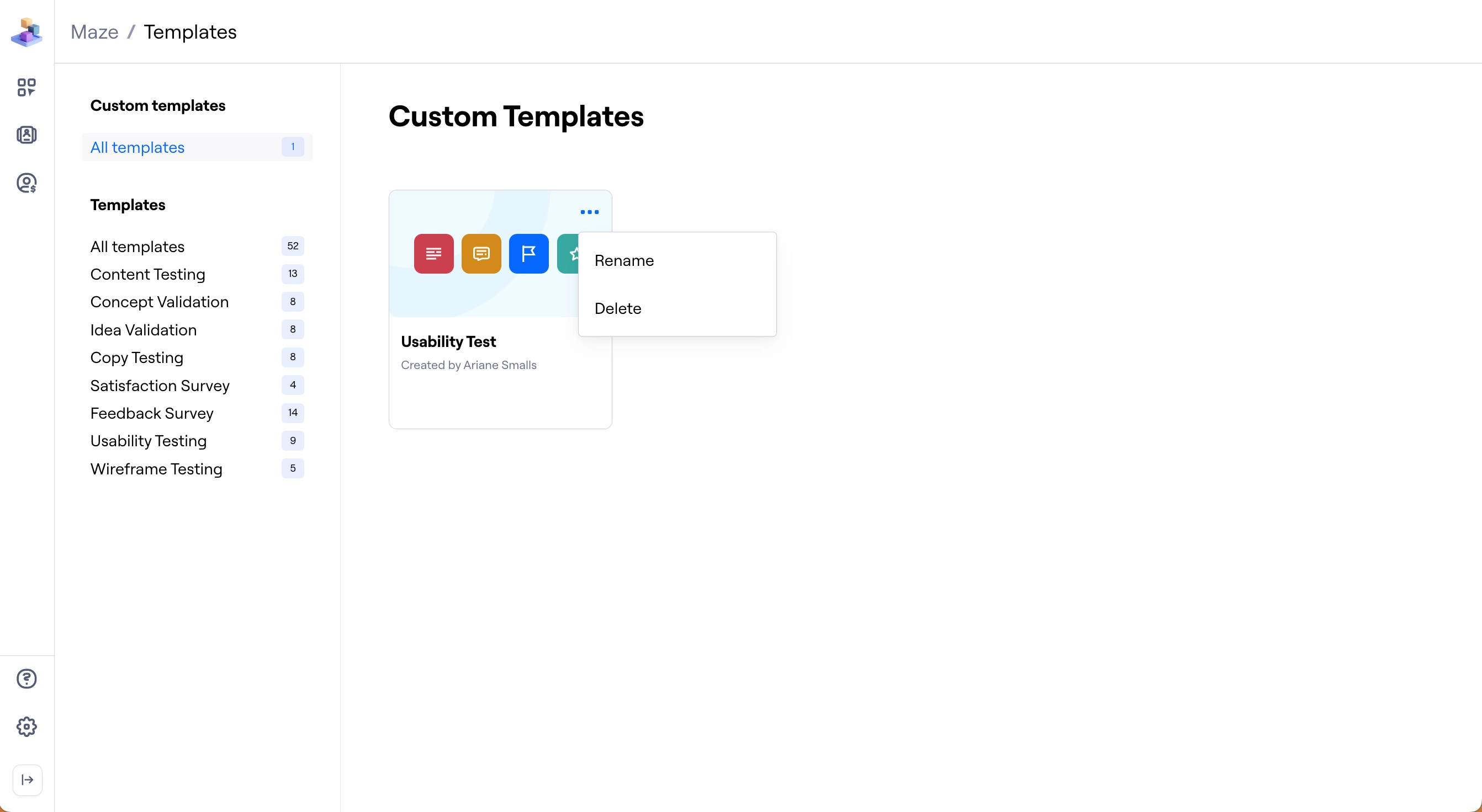 Options to delete or rename a custom template
