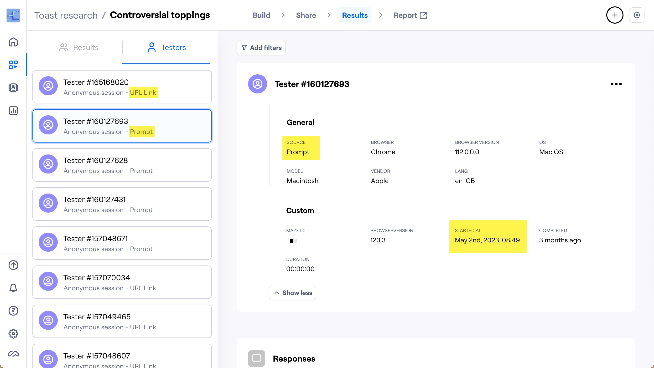 Metadata related to prompts in the results dashboard