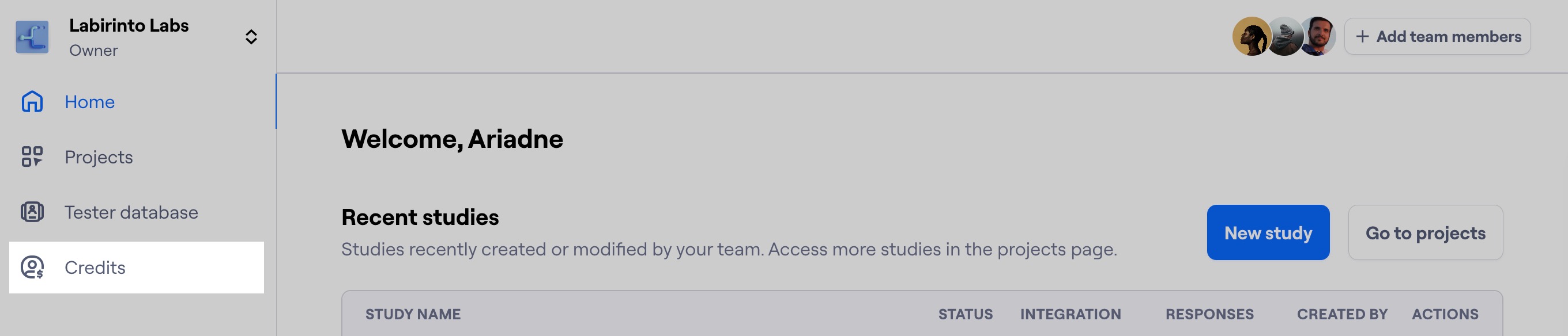 Accessing the Credits page from the Maze sidebar