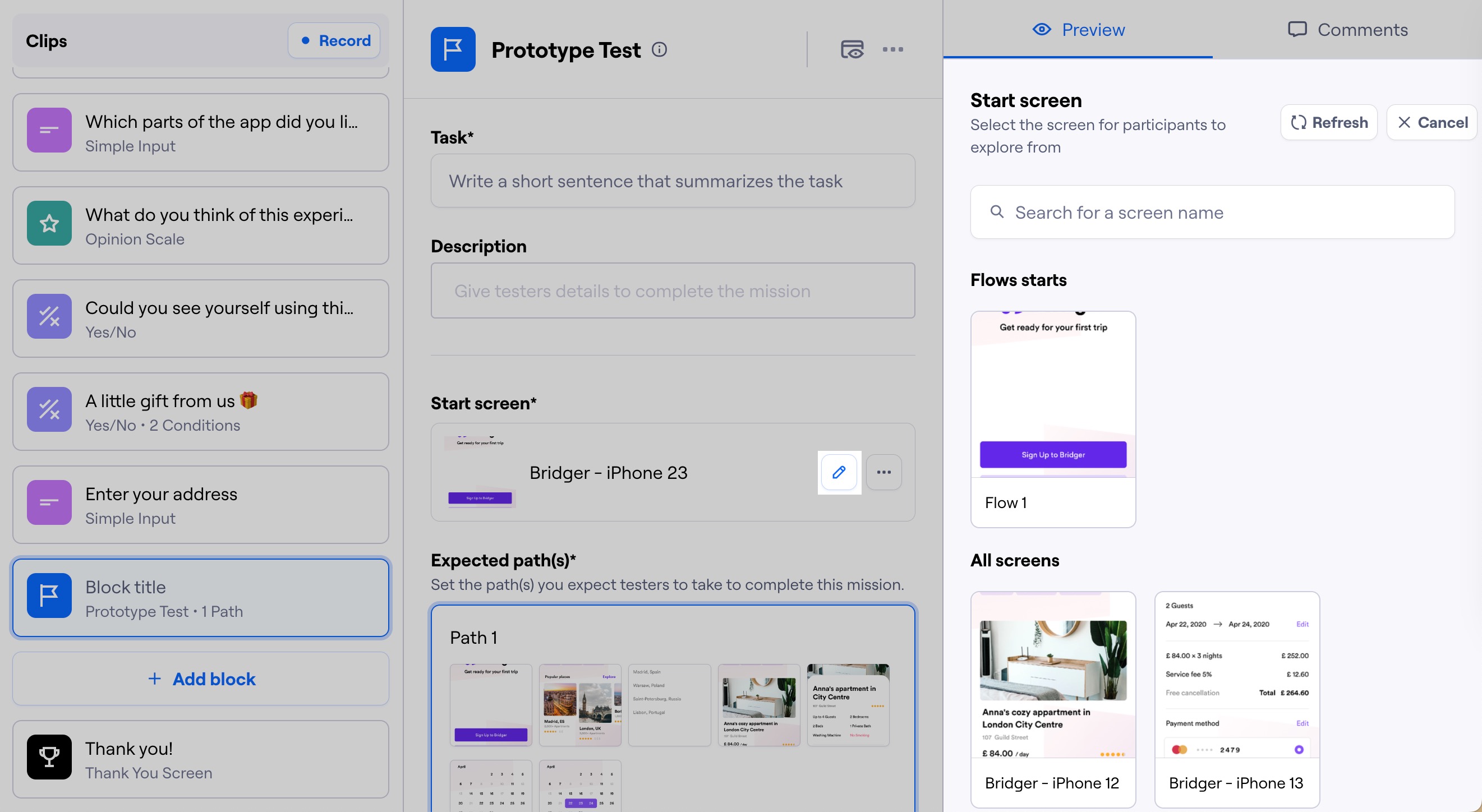 Changing the prototype start screen on a task
