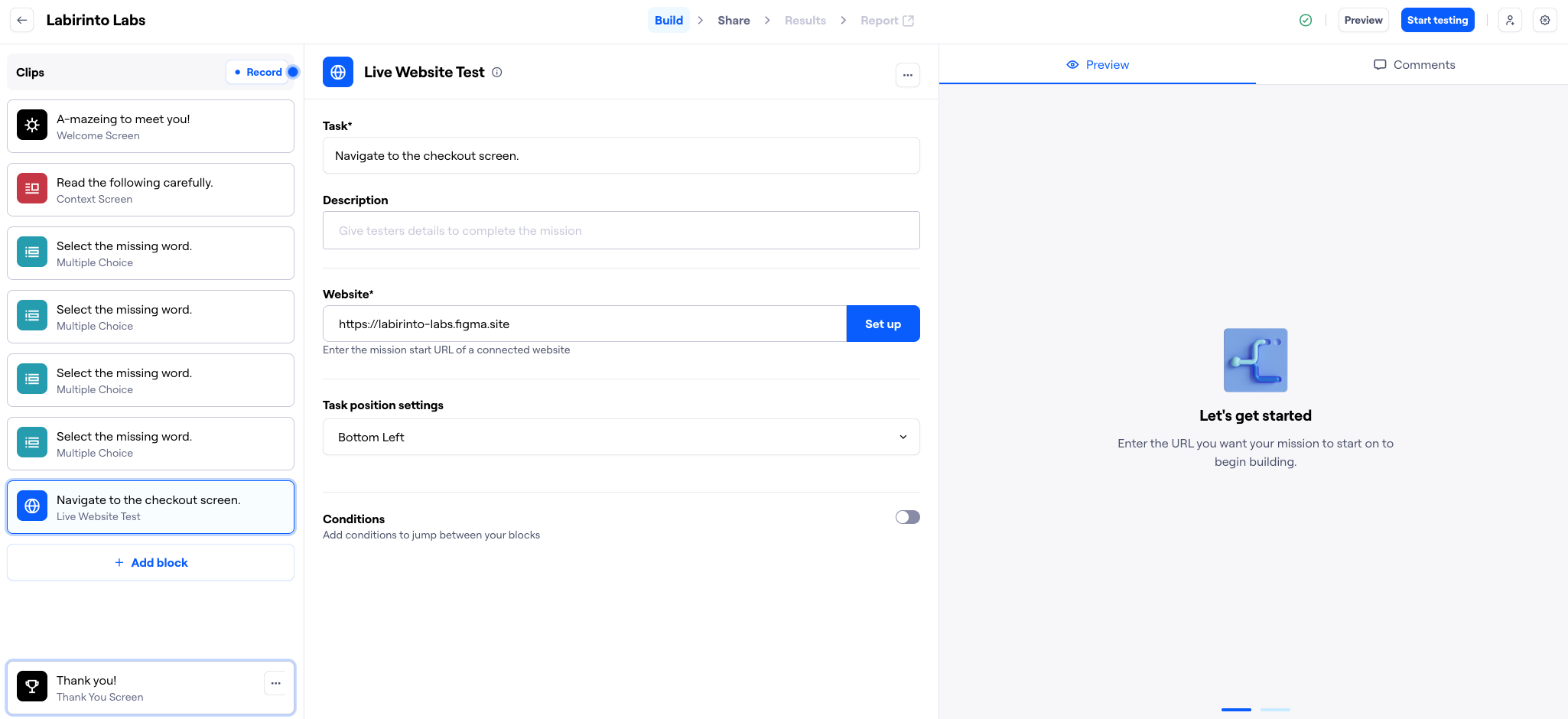 Screenshot of a Live Website Test block in the Maze editor