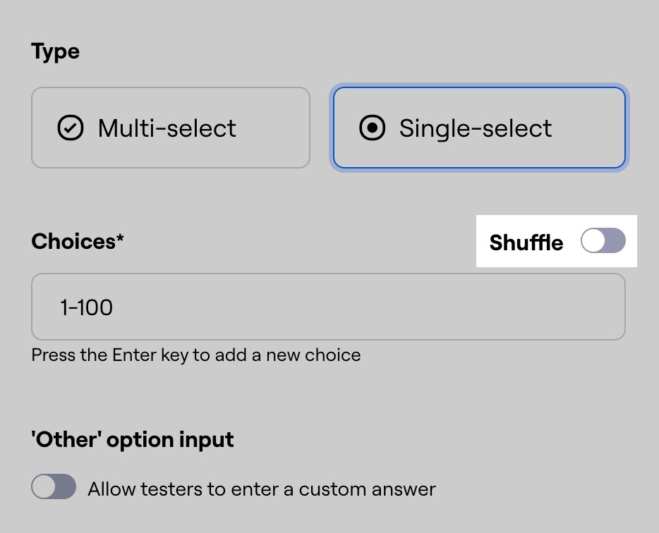 Screenshot of the setting to randomize the order multiple choice options are listed to testers